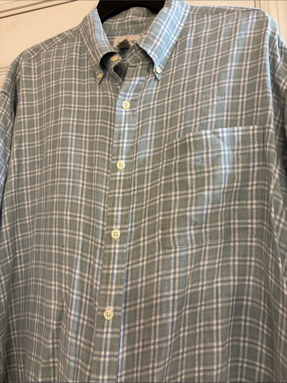 J. Crew Linen Green Plaid Button-Down Mens Shirt large